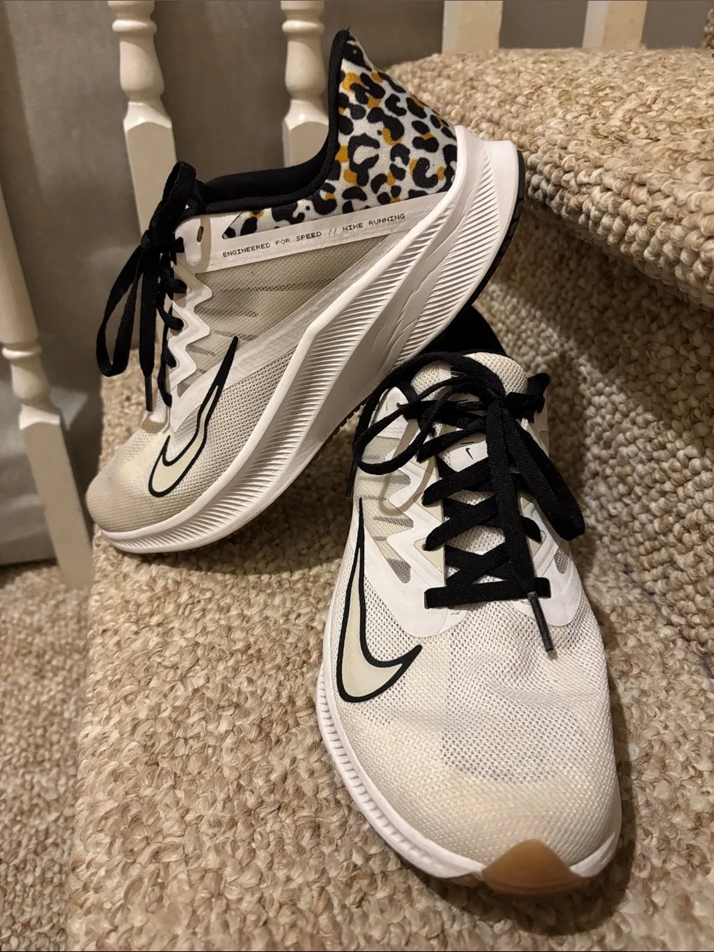 Nike White and Black Running Shoes with Gum Accents